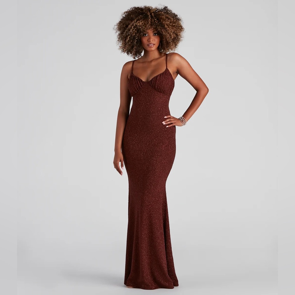 Windsor Copper-Brown Glitter Spaghetti-Strap Maxi Gown